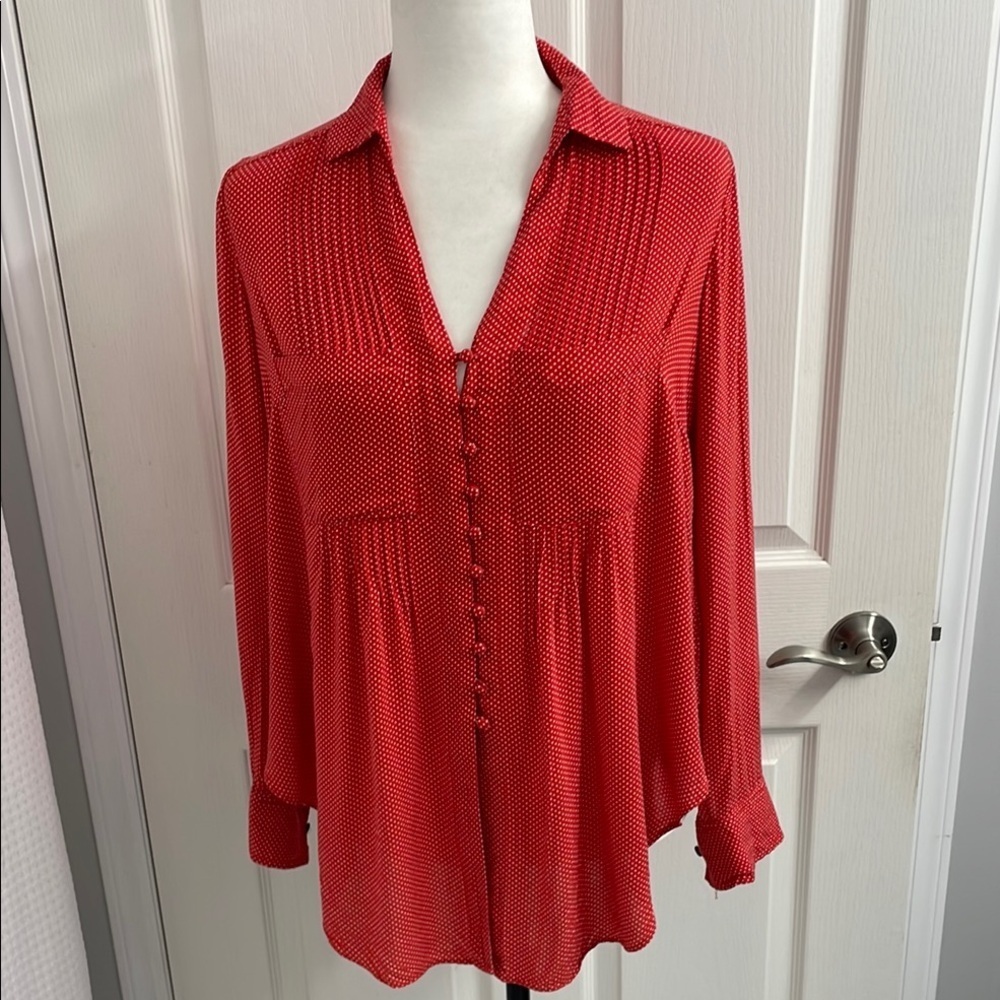 Maeve Red Matilda Polkadot Blouse Pleated Long Sleeve with Notched Collar Size S